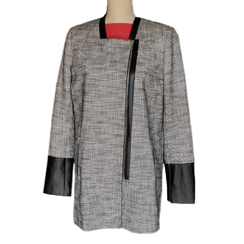 Trouve Tweed Longline Moto Coat Jacket Blazer Black White Leather Trim Medium